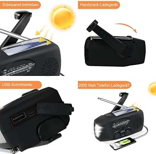 radio de survie "radio solaire et à manivelle 4000mah: urgence, dynamo météo, am/fm/noaa, lampe de poche et chargeur téléphone + sos"