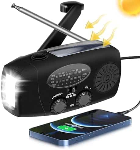 radio de survie "radio solaire et à manivelle 4000mah: urgence, dynamo météo, am/fm/noaa, lampe de poche et chargeur téléphone + sos"