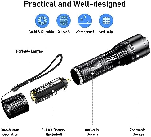lampe torche tactique de survie "lampe torche led blukar ultra puissante ipx6, zoomable avec 5 modes, idéale pour camping & urgences piles incluses"